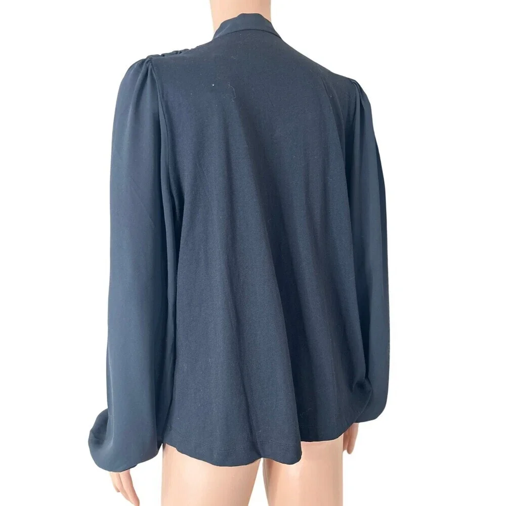 NEW LOFT blouse neck tie puff sleeve black top 2 texture SZ MD